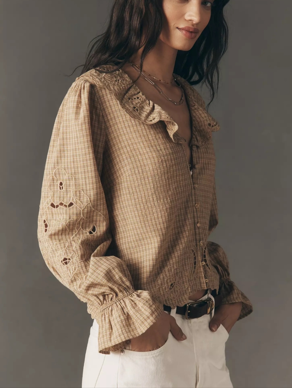 RAISONNEL Ruffled Embroidered Buttondown Top In Brown Pattern Size Small - Picture 2 of 12